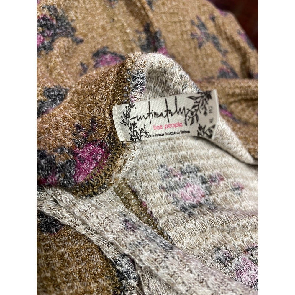 Intimately Free People Brown Floral Waffle Knit Snap Front Thermal Shirt Y2K XL - Picture 12 of 13